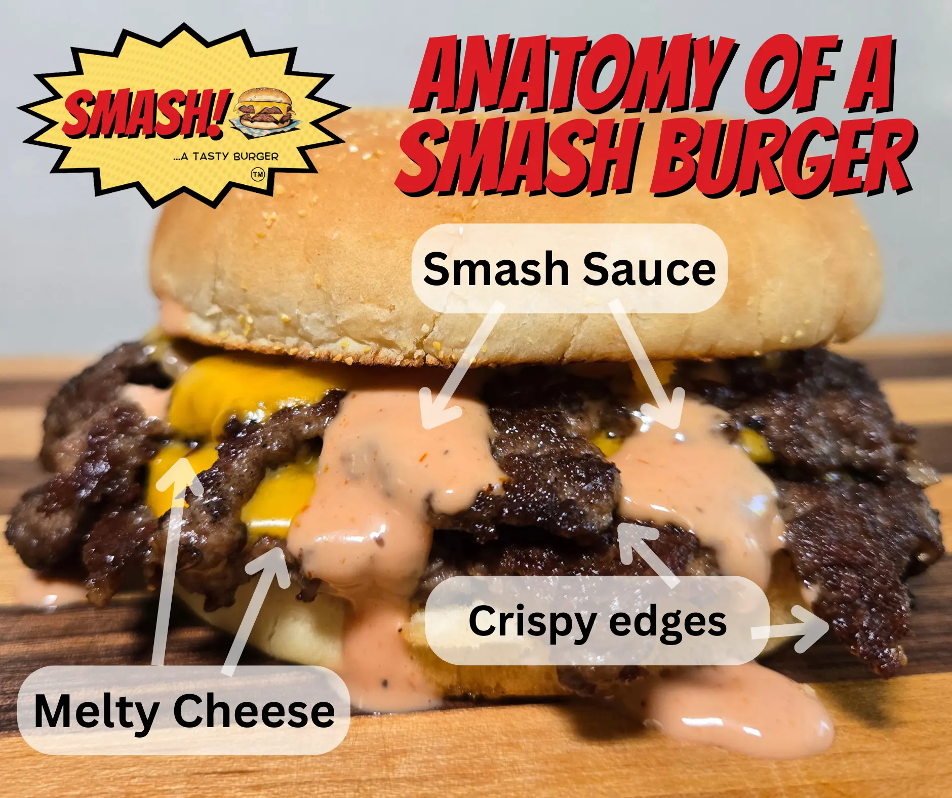smash burger with crispy edges and melted cheese